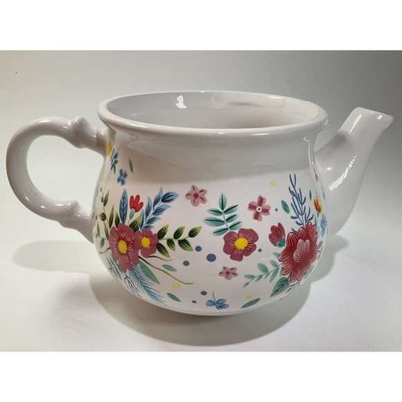 Floral Teapot Ceramic Rose White w/ Blue & Pink Flowers - Picture 4 of 8
